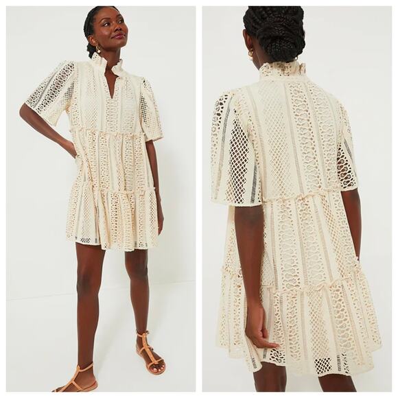 Tuckernuck Ivory Lace Mini Dress XXL Crochet Ruffle Tiered Cotton Crawford